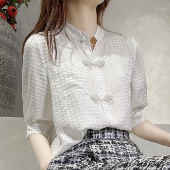 醋酸緞面白色短袖襯衫女2023夏季新款新中式盤扣氣質高端真絲上衣