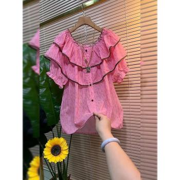 法式超仙女甜美別致獨特上衣設計感小眾粉色荷葉邊泡泡袖襯衫夏季