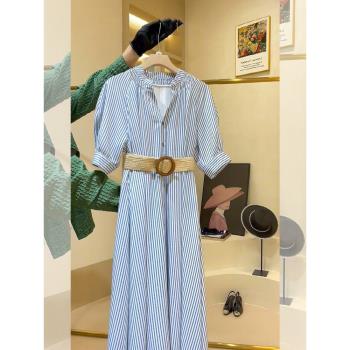 茶歇法式高級感別致獨特洋氣減齡漂亮藍色條紋襯衫連衣裙子女夏季