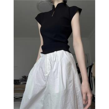 設計感新中式國風盤扣黑色立領針織短袖T恤女夏季修身小飛袖上衣