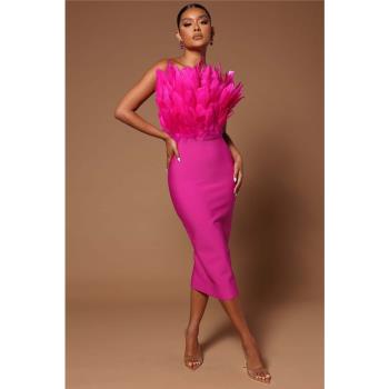 Womens Feather Evening Birthday Dress Off-shoulder Dresses