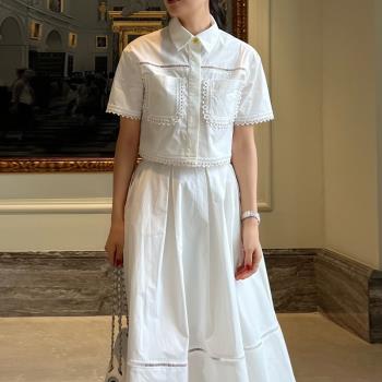 韓國chic夏季法式小眾翻領釘珠花邊襯衫+高腰顯瘦大擺型半身裙女