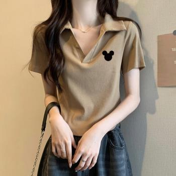 短袖T恤女2023夏季新款韓版設計感弧形下擺小個子短款polo衫上衣