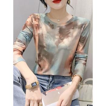 薄款網紗防曬長袖女2023夏裝新款時尚暈染印花T恤休閑顯瘦上衣潮
