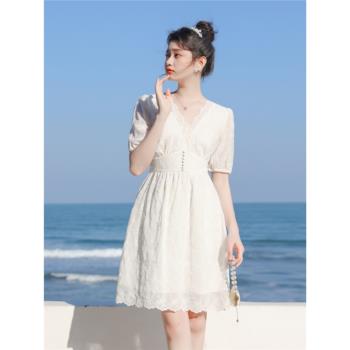 高端精致高級感蕾絲小個子氣質連衣裙白色2023新款女裙子女夏季