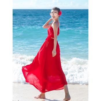 紅色吊帶連衣裙女夏季新品飛片露背長裙顯瘦飄逸海邊度假沙灘裙子