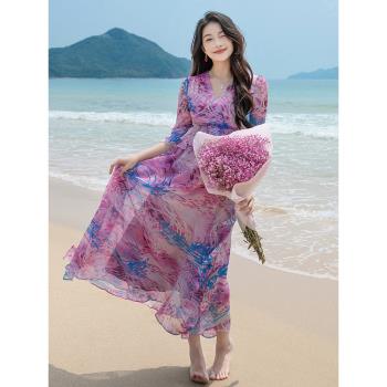 甜美約會粉紫色雪紡連衣裙女垂感遮肉長裙旅游拍照好看三亞海灘裙