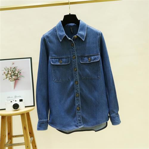 抗皺天絲牛仔襯衫女寬松外套顯瘦長袖法式打底襯衣垂順純色內搭潮