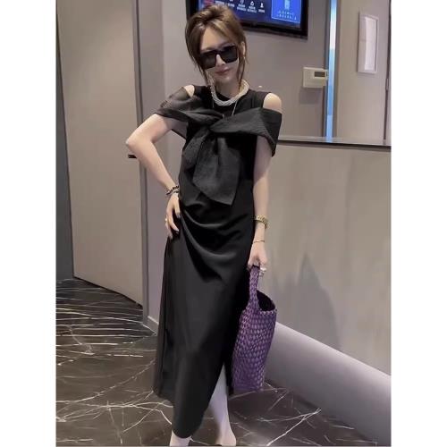 法式淑女氣質黑色禮服裙輕奢小眾高端蝴蝶結露肩赫本風連衣裙女夏