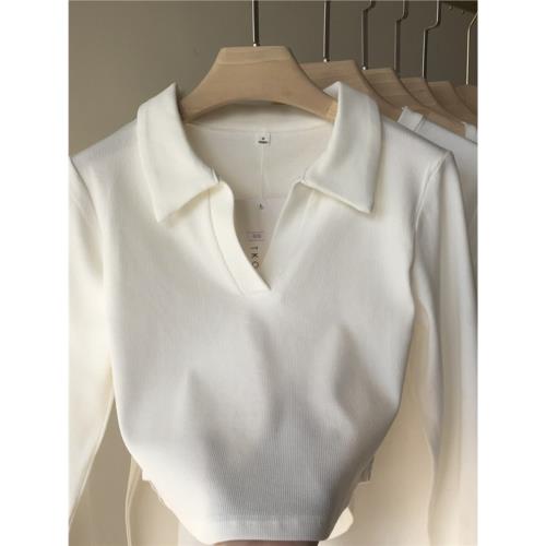 春秋新款白色不規則正肩露腰長袖T恤女v領短款打底衫百搭上衣潮