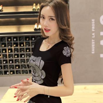 韓國短袖花朵燙鉆修身t恤夏裝