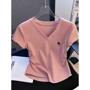 粉色v領短款上衣女夏芭比粉小個子多巴胺收腰卡腰法式正肩短袖T恤