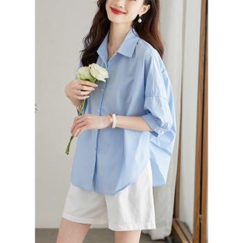 2023夏季韓版短袖襯衫女藍色寬松顯瘦休閑上衣設計感中袖純棉襯衣