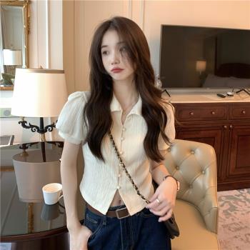 新中式短款上衣女夏收腰正肩小個子設計感卡腰法式泡泡袖短袖襯衫