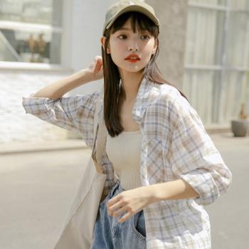 中長款格子襯衫外套女夏歐貨春秋遮屁股薄紗防曬開衫襯衣冰絲上衣