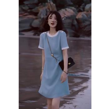 2023夏季新款高端氣質名媛女神范高級感冷淡風法式茶歇藍色連衣裙