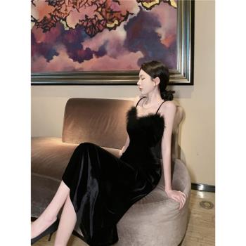 法式金絲絨吊帶黑色連衣裙女秋季性感御姐赫本風魚尾千金禮服長裙