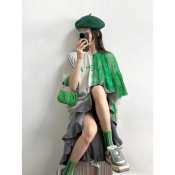 港風復古網紅炸街2023夏季新款綠色蕾絲拼接上衣魚尾半身裙套裝女