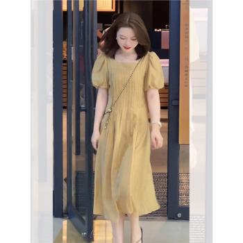 黃色泡泡袖雪紡氣質名媛高端連衣裙2023新款女裝奶系穿搭夏天裙子