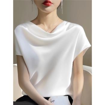 法式白色醋酸緞面短袖T恤女夏季2023新款氣質桑蠶絲時尚蕩領上衣