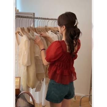 紅色泡泡袖雪紡短袖襯衫女設計感小眾短款襯衣仙女上衣超仙甜美夏