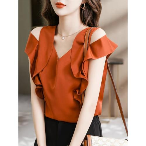 高級設計感短袖襯衫女夏季V領荷葉邊半袖氣質露肩上衣小眾雪紡衫