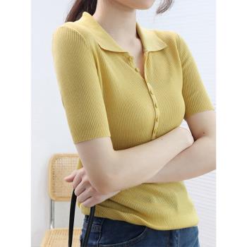 時尚修身顯瘦上衣Polo領夏季新款女裝減齡洋氣黃色冰絲針織衫t恤