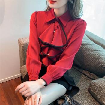 雪紡襯衫女2023新款秋季紅色長袖復古宮廷風荷葉邊設計感小眾上衣
