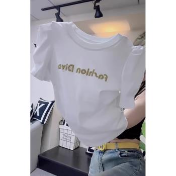 2023夏季新款歐貨體恤獨特設計感上衣字母印花白色修身短袖T恤女