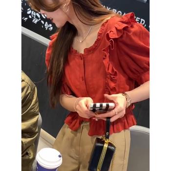紅色短款泡泡袖襯衫小個子襯衣上衣女高級感氣質輕熟法式小眾夏季