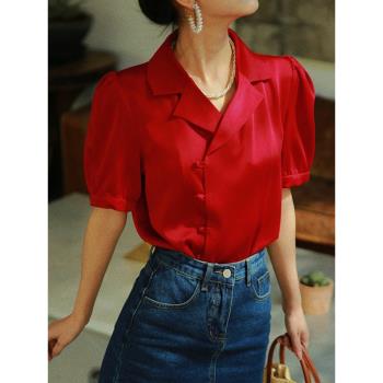 紅色新中式雪紡短袖襯衫女夏季獨特別致設計感高級小眾泡泡袖上衣