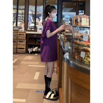 夏日高級感紫色長款短袖女2023年新款獨特別致寬松氣質顯瘦T恤潮