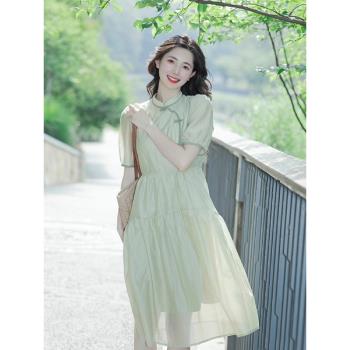 綠色新中式國風改良森系文藝連衣裙女端莊大氣裙子質感高級感夏季