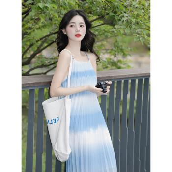 藍色無袖吊帶連衣裙女夏季法式獨特超好看小眾設計高級感氣質裙子