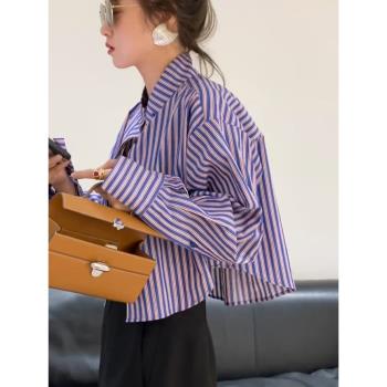 紫色Polo領條紋短款襯衫女夏季防曬衫法式襯衣獨特超好看減齡上衣