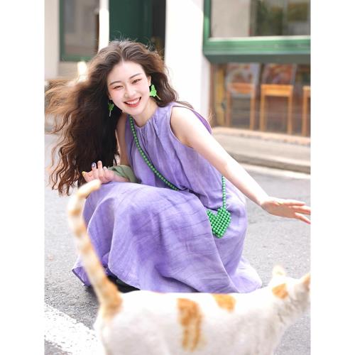 法式紫色無袖背心連衣裙女夏季獨特超好看小眾設計高級感氣質裙子