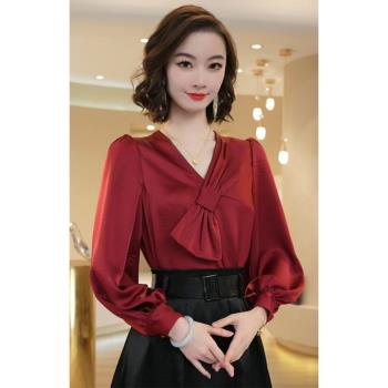 2023新款法式高級感酒紅色襯衫洋氣時尚高端奢華大牌長袖上衣女士