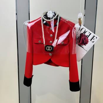 現貨楓頤紅色小香風外套女2023年秋季新款氣質修身立領短新年上衣