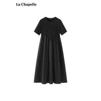 拉夏貝爾/La Chapelle前拉鏈拼接短袖長裙圓領簡約黑色連衣裙夏季