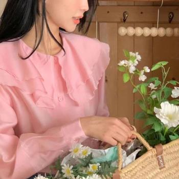 韓國荷葉邊甜美氣質雙層長袖襯衫