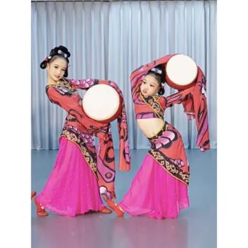 兒童漢唐楚優舞蹈服中國風古典舞民族服踏鼓聲聲紅色水袖演出服裝