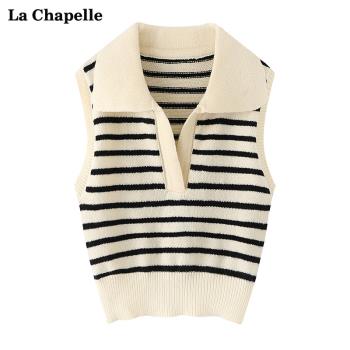 拉夏貝爾/La Chapelle秋季新款翻領條紋針織衫馬甲女修身無袖上衣