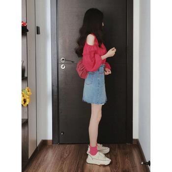 法式高階感港風chic仙女上衣超仙甜美火龍果色露肩長袖襯衫女夏季