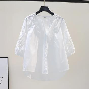 白色純棉襯衫女2024夏季新款法式復古文藝范簡約氣質半袖襯衣上衣