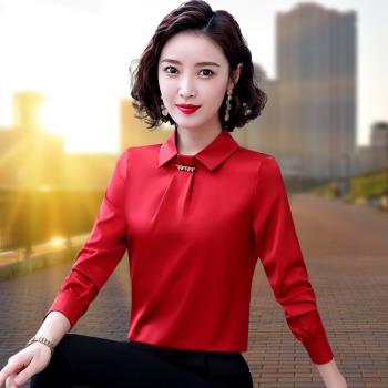 長袖雪紡襯衫女2023年秋冬新款氣質時尚洋氣高端打底上衣紅色襯衣