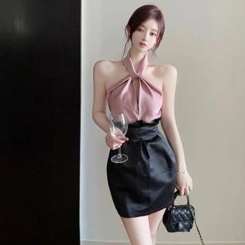 2023夏季韓版修身性感掛脖露背派對連衣裙高級感假兩件花苞短裙女