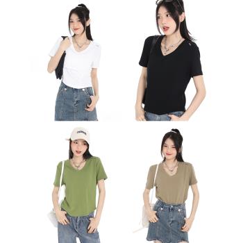 設計感純色簡約短袖T恤女2023夏季新款韓版下擺弧形V領上衣ins潮