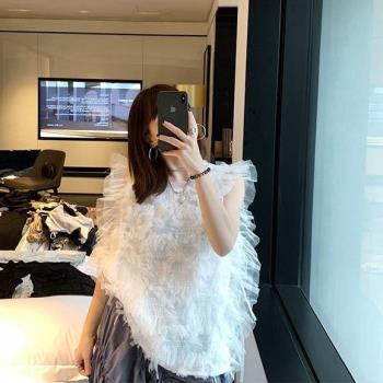 UI春夏新品韓版甜美網紗蕾絲邊背心馬夾氣質顯瘦超仙流蘇打底上衣