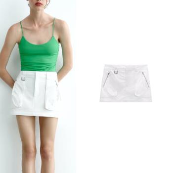 ZA 夏季新款白色A字半身裙休閑短裙美式復古工裝口袋褲裙 3504799