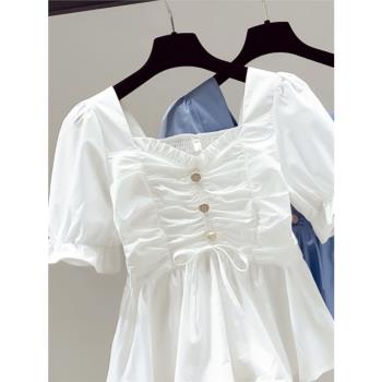 短袖雪紡白襯衫女裝夏季款2023年新款遮肚子收腰小衫方領顯瘦上衣